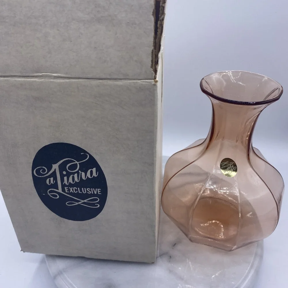 Tiara Exclusive Peach Glass Hexagon Paneled Vase Vintage Flared Neck with Box